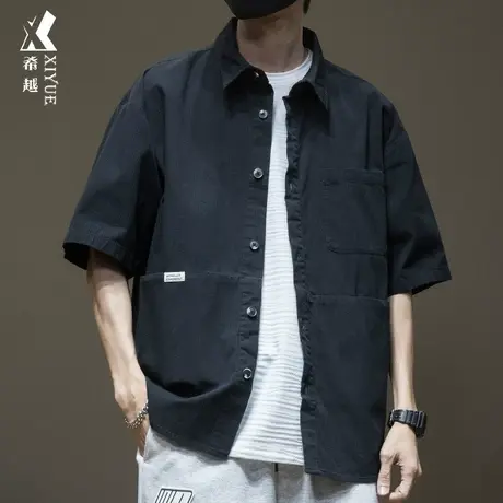 希越高级感日系短袖衬衫男多口袋2023夏季新款上衣大码工装黑衬衣图片