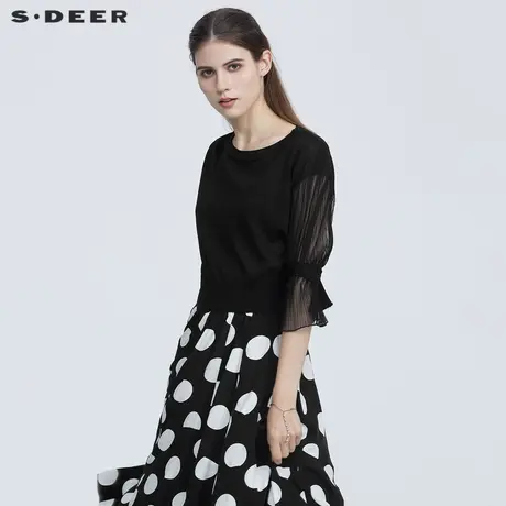 【直播间专属】sdeer圣迪奥圆领网纱拼接肌理黑色针织衫S21263504图片