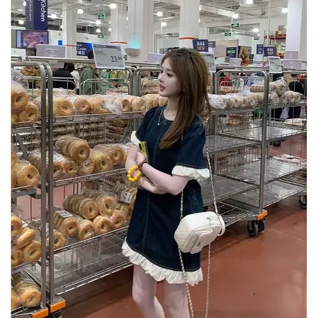 法式设计感复古拼接短袖牛仔连衣裙女夏季新款小个子短裙图片