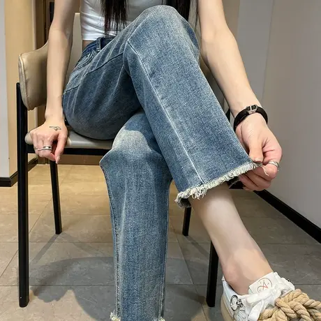 浅色直筒牛仔裤女毛边2024年春秋新款高腰宽松显瘦ins九分烟管裤图片
