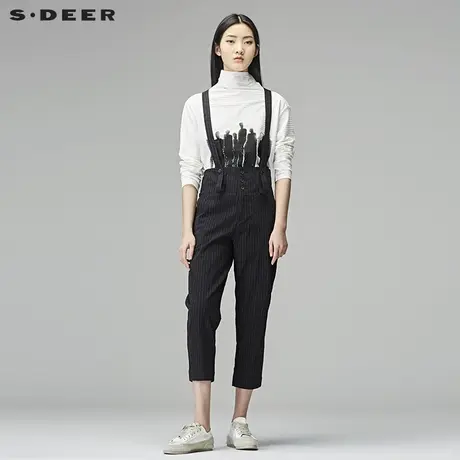 sdeer圣迪奥2018秋装英伦撞色黑白条纹高腰纽扣背带裤女S18180814图片