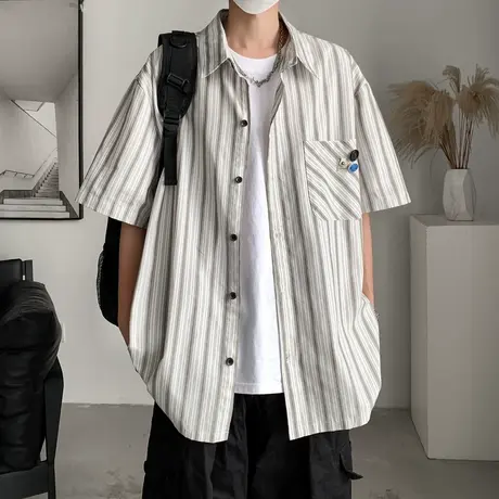 短袖衬衫男夏季2025新款宽松条纹休闲男装上衣服ins港风大码衬衣图片