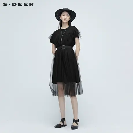 sdeer圣迪奥夏季亮片网纱收腰显瘦通勤仙女裙黑色连衣裙S20281232图片