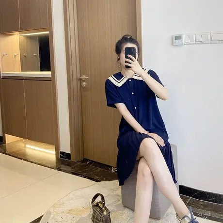 2022年夏季新款大码女装百褶娃娃领减龄中长款短袖胖mm显瘦连衣裙图片