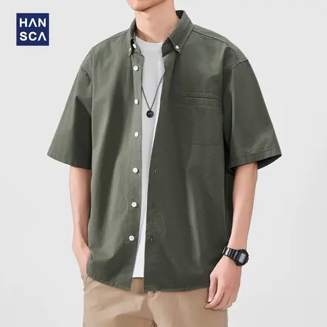 hansca高密骑兵斜纹短袖衬衫男2025夏季高支挺阔日系工装透气衬衣图片