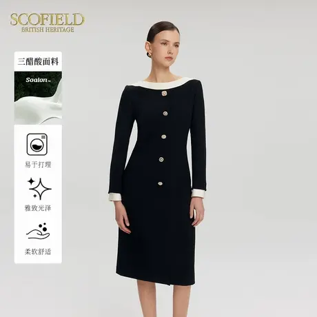 【三醋酸】Scofield女装华贵复古一字领撞色连衣裙2025春季新品图片