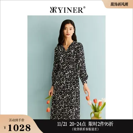 YINER音儿专选女装秋季花朵印花V领收腰公主袖连衣裙图片