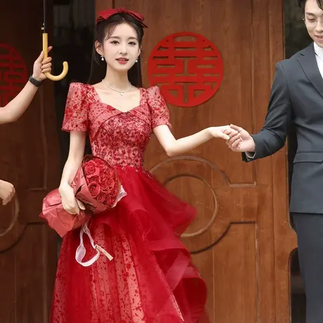 红色婚纱敬酒服2023新款新娘高级感在逃公主法式订婚礼服高端大气图片