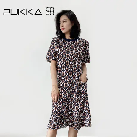 蒲PUKKA 夏季文艺复古真丝印花气质休闲短袖小个子连衣裙图片