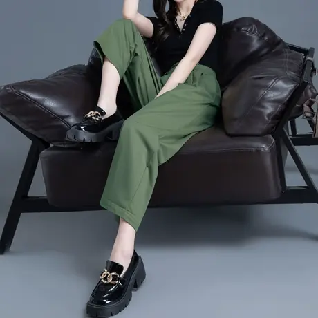 清仓天丝绿色裤子女夏季薄2025新款冰丝女裤休闲裤直筒九分西装裤图片