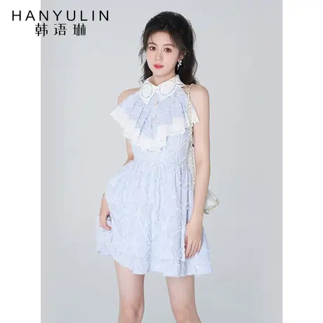 韩语琳挂脖式连衣裙女夏季纯棉短伞裙子2023年新款低腰条纹衬衫裙图片
