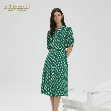 Scofield女装复古港式几何印花连衣裙翻领收腰裙子2025夏季新品图片