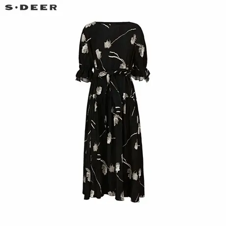 sdeer圣迪奥女装田园风圆领印花收腰网纱连衣裙S242Z12K7图片