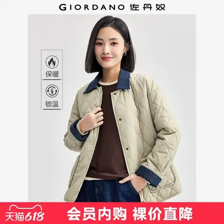 佐丹奴小香风外套女夹棉拼接牛仔翻领菱形格纹棉服夹克女13374828图片