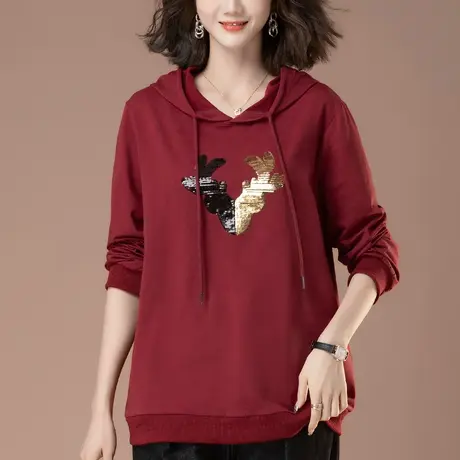 中年妈妈春秋新款连帽卫衣女加肥加大码宽松休闲纯棉红色上衣外套图片