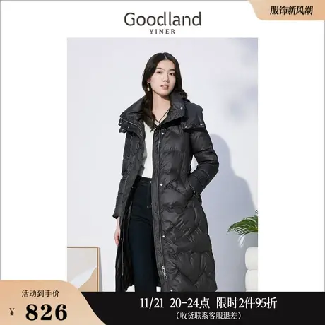 Goodland美地女装冬季保暖中长款外套加厚连帽设计感羽绒服图片