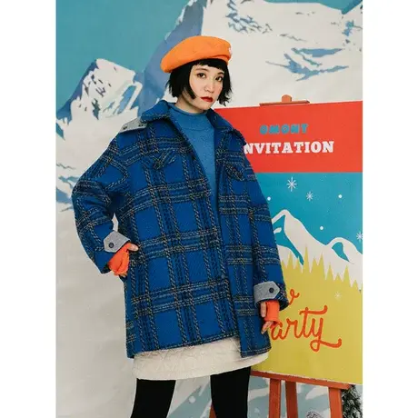 omont蛋挞家 复古宽松可拆卸帽格纹毛呢外套女中长款羊毛大衣秋冬图片