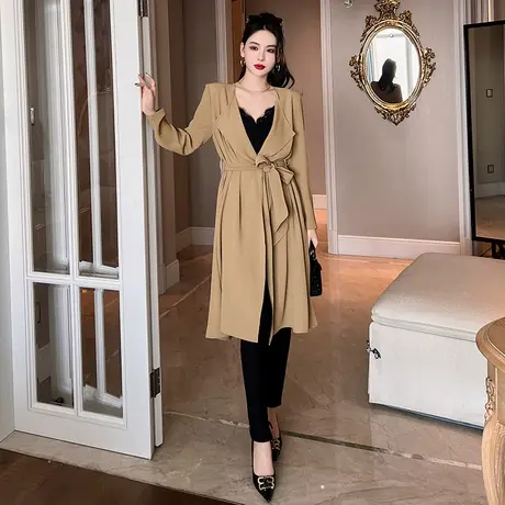 高端韩系一片式系带小个子风衣外套女2025年新款修身百搭气质大衣图片