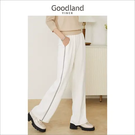 【爆款升级】Goodland美地女装2023夏阔腿侧边水钻休闲裤长裤图片