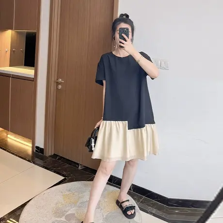 黑色拼接荷叶边2023年新款女装大码胖mm遮肚子韩版显瘦休闲连衣裙图片