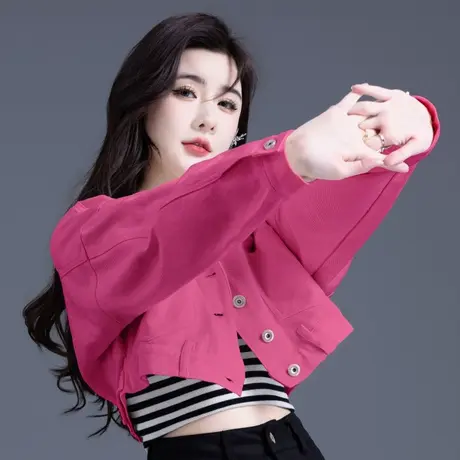 玫红色牛仔外套女春秋款休闲宽松百搭气质夹克上衣短款小个子开衫图片