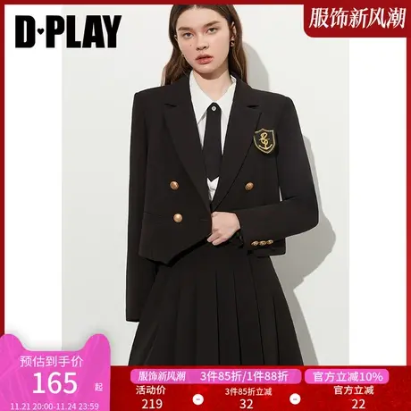 DPLAY新英伦学院风经典黑翻驳领徽章双排扣短款西装外套图片
