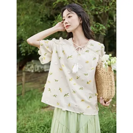 茵曼设计感立体绣花衬衣2023夏女装新款系带V领喇叭袖显瘦薄上衣图片