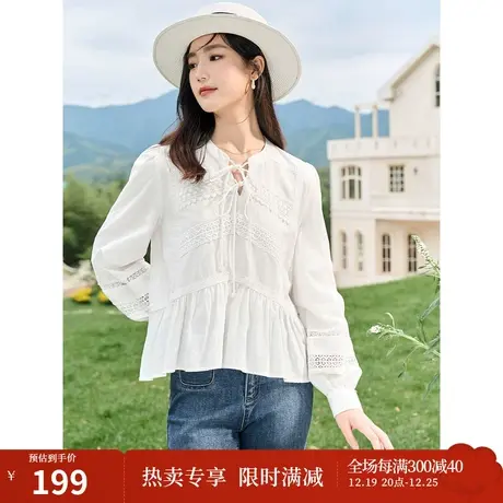 茵曼棉麻衬衣2023秋女装新款镂空花边系带领灯笼袖长袖提花上衣图片