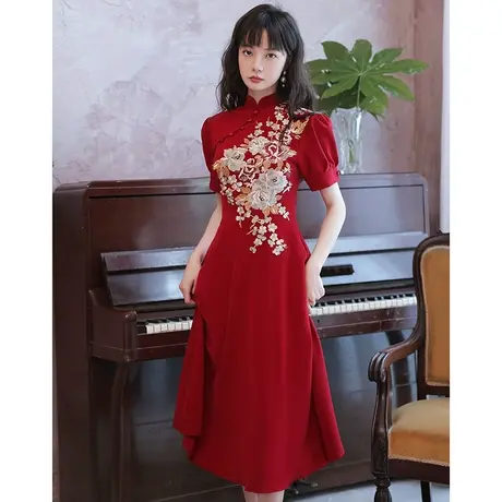 旗袍敬酒服新娘平时可穿夏季酒红色结婚订婚回门小礼服连衣裙刺绣图片