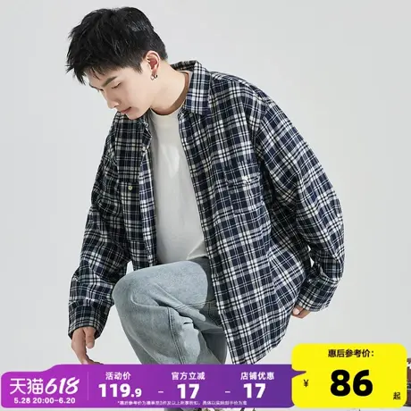 唐狮春秋季新款长袖格子衬衫男复古日系黑白格纹休闲男士衬衣外套图片