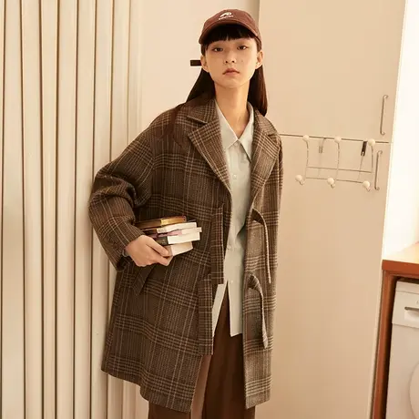 omont蛋挞家 复古翻领黑色毛呢大衣女秋冬中长款过膝宽松呢子外套图片
