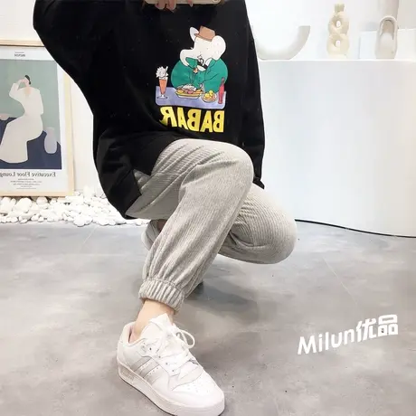 韩国东大门运动休闲卫裤2021春秋薄款纯色灯芯绒直筒裤子宽松显瘦图片