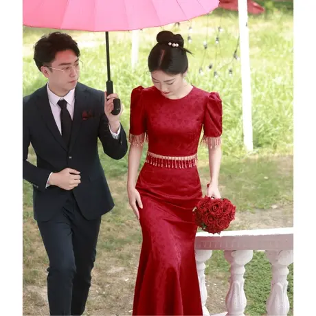 敬酒服2023新款新娘高级感回门裙子订婚礼服修身鱼尾两件套连衣裙图片