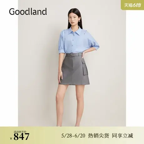 Goodland美地夏季蓝灰撞色拼接衬衫假两件连衣裙商品大图