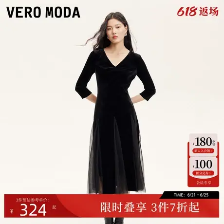 Vero Moda连衣裙2024秋季新款丝绒裙拼接网纱显瘦小黑裙优雅气质图片