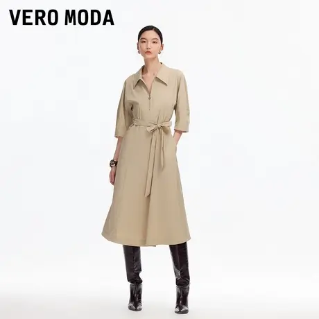 Vero Moda连衣裙2025秋季新款五分袖翻领系带纯色长裙32536Z002图片