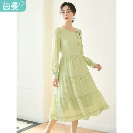 茵曼长袖连衣裙女春2023新款田园温柔高腰腰带显高条纹肌理感A字图片