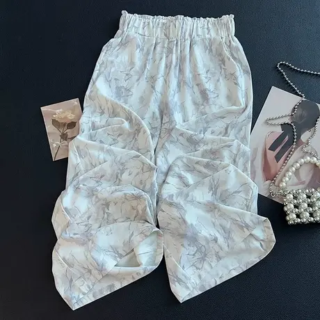 拉夏贝尔高端白色印花直筒裤子女夏薄款2025新款拖地裤休闲阔腿裤图片