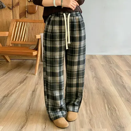 dza 高腰显瘦毛呢格子复合奥粒绒休闲裤子女冬加厚外穿长裤哈伦裤图片