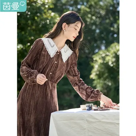 茵曼高腰连衣裙女春装2023新款复古绣花娃娃领长袖连衣裙丝绒气质图片