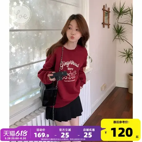 yoe复古红色卫衣女秋冬新款圆领加绒卫衣圣诞风酒红宽松上衣新年图片