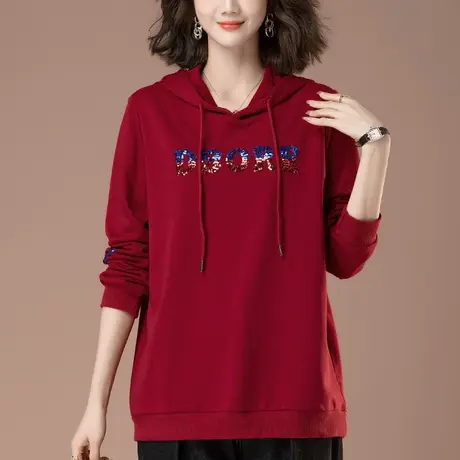 薄款连帽卫衣女春秋加肥加大码女装宽松中年妈妈显瘦带帽上衣外套图片