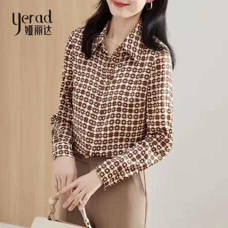 娅丽达咖色衬衫女2023春季新款复古印花秋装宽松长袖方领雪纺衬衣图片