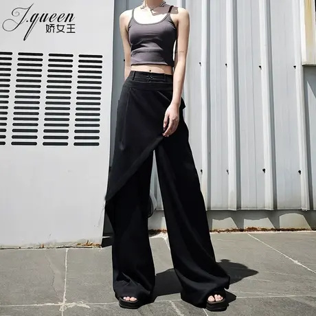 设计感阔腿裤女夏季新款一片式双层拖地裤英伦风遮肉显瘦百搭长裤图片