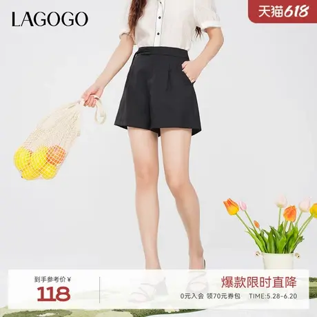 LAGOGO新中式盘扣黑色短款休闲裤女拉谷谷夏季新款百搭高腰阔腿裤图片