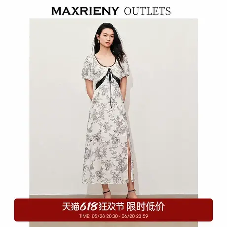【奥莱】MAXRIENY国风手绘复古色蕾丝装饰连衣裙桑蚕丝裙子图片