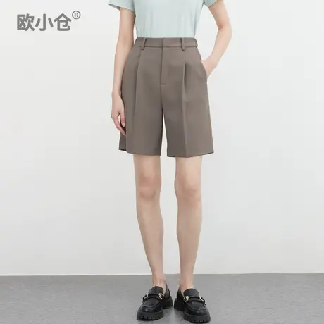 欧小仓奶茶裤 打褶西装短裤女夏 高腰阔腿中裤 显瘦咖色五分裤图片