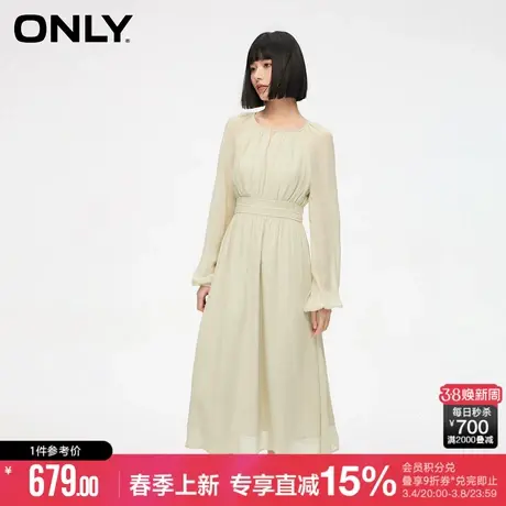 ONLY2024春季新款文艺简约纯色收腰中长款长袖连衣裙女|124107060图片