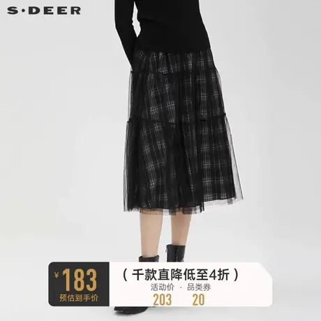 sdeer圣迪奥女装松紧撞色格纹网纱黑色A字伞裙半身裙S221Z1106图片