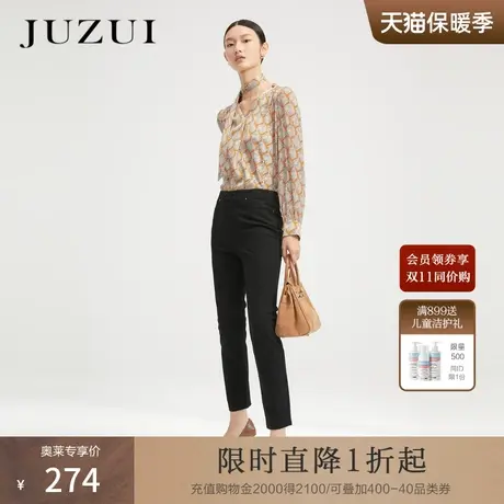 玖姿商场同款秋季新款气质斜纹修身小黑裤长裤女图片